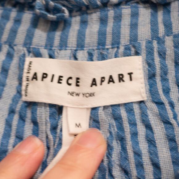 Apiece Apart Los Altos Top Blue Seersucker Stripe Puff Sleeve Henley SZ M - Picture 6 of 7